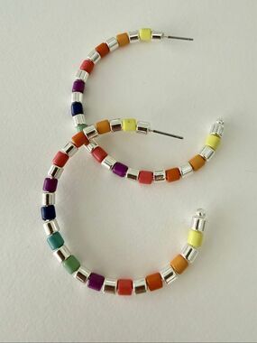 Colorblock Bright Bead Hoop Earrings Silver Tone 2”